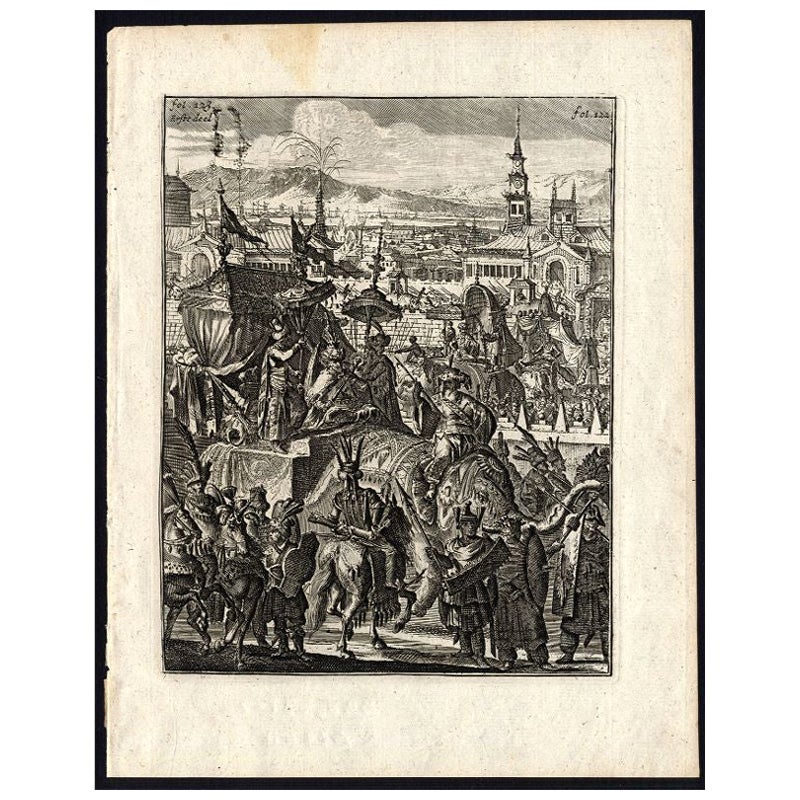 Antique Print of the King of Arrakan by Schouten, 1708 For Sale