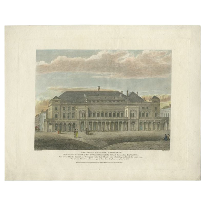 Antique Print of the King's Theatre 'Haymarket' by Wilkinson, 1820 For Sale