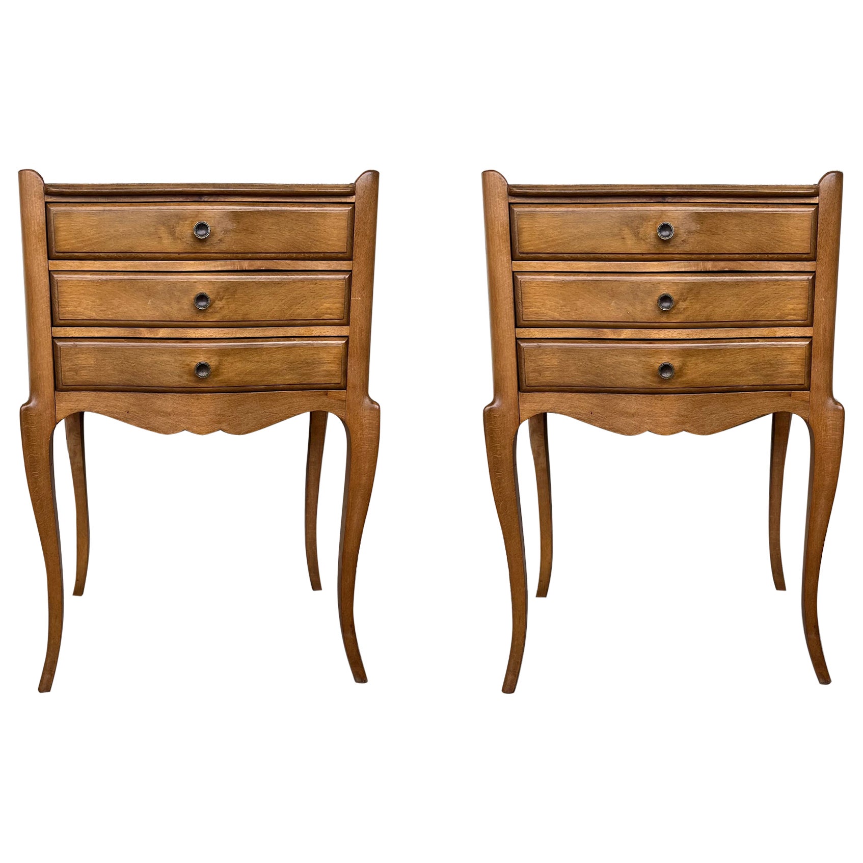 Pair of French Nightstands with Three Drawers and Carbriole Legs at