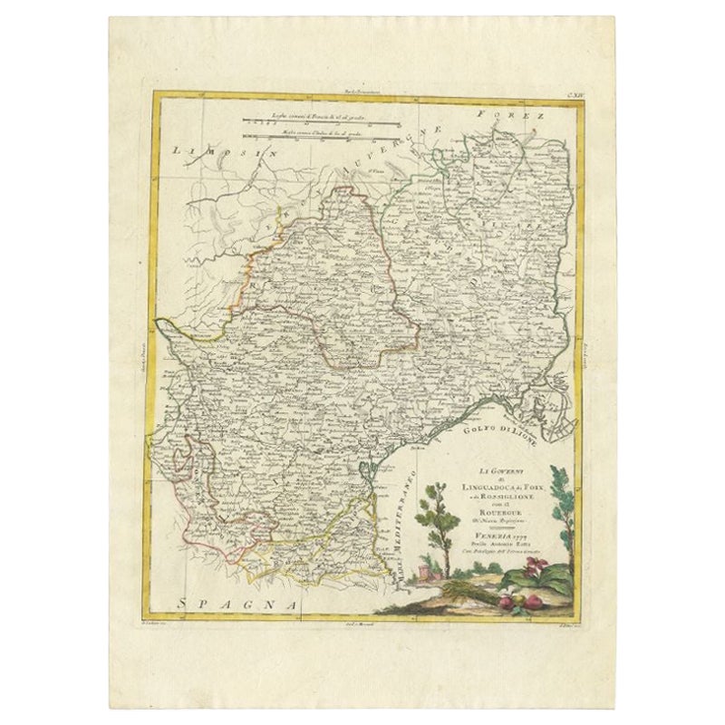 Carte ancienne de la région du Languedoc, de Foix, de Roussillon et de Rouergue par Zatta en vente