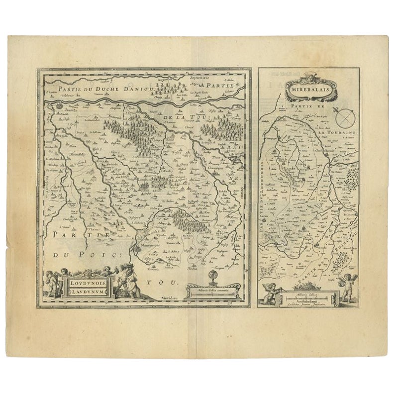 Antique Map of the Region of Loudun and Mirebeau by Janssonius, c.1650 For Sale