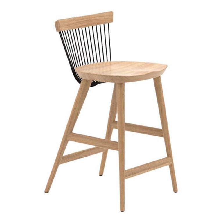 WW Counter Stool, Natural Oak & Powder Coated Metal Rods For Sale