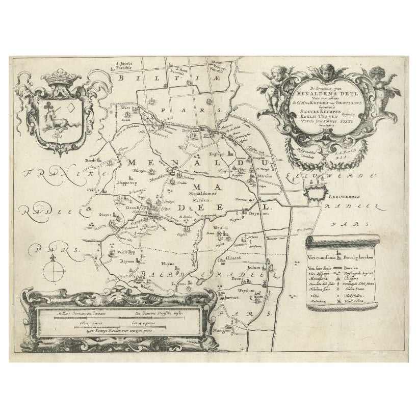 Carte ancienne de la région de Menaldumadeel par Schotanus, 1664 en vente