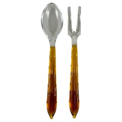 Art Deco Style Amber & Colorless Glass Long Spoon & Fork Salad Serving Set