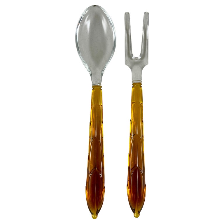 Art Deco Style Amber & Colorless Glass Long Spoon & Fork Salad Serving Set For Sale