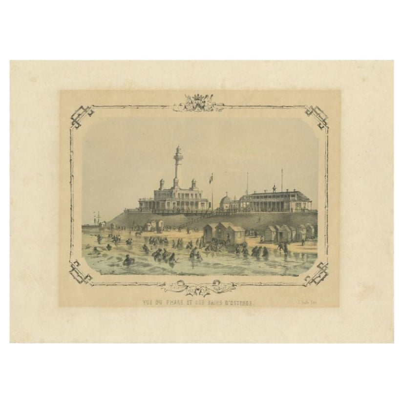 Antique Print of the Lighthouse and Surroundings of Oostende by Buffa, c.1852