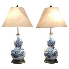 Lovely Pair of Chinese Double Gourd Shaped Vintage Blue & White Table Lamps