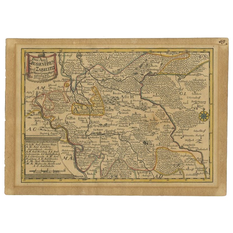 Antique Map of the Region of Grossenhain by Schreiber, 1749