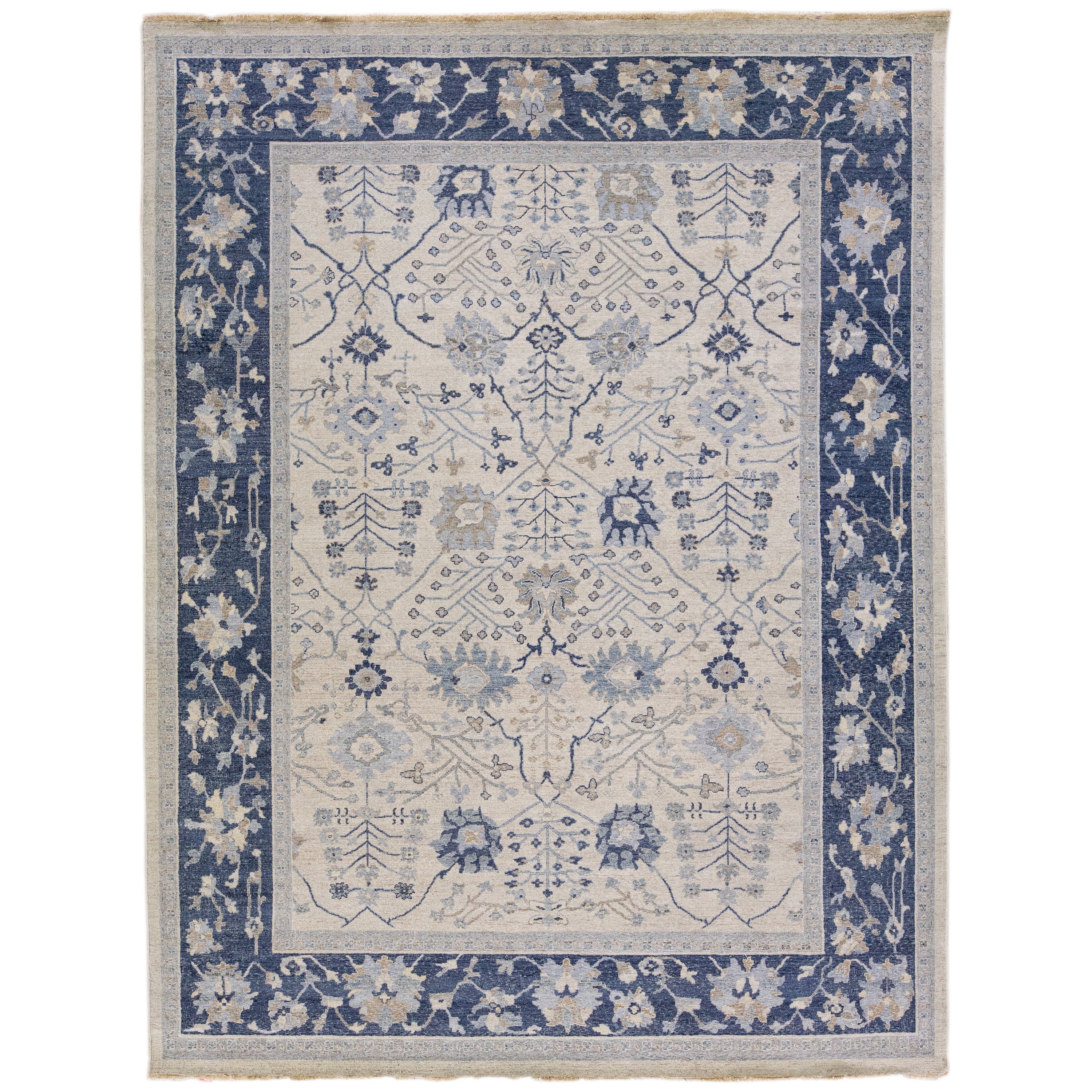 Beige Apadana's Artisan Collection Handmade Floral Pattern Wool Rug For Sale