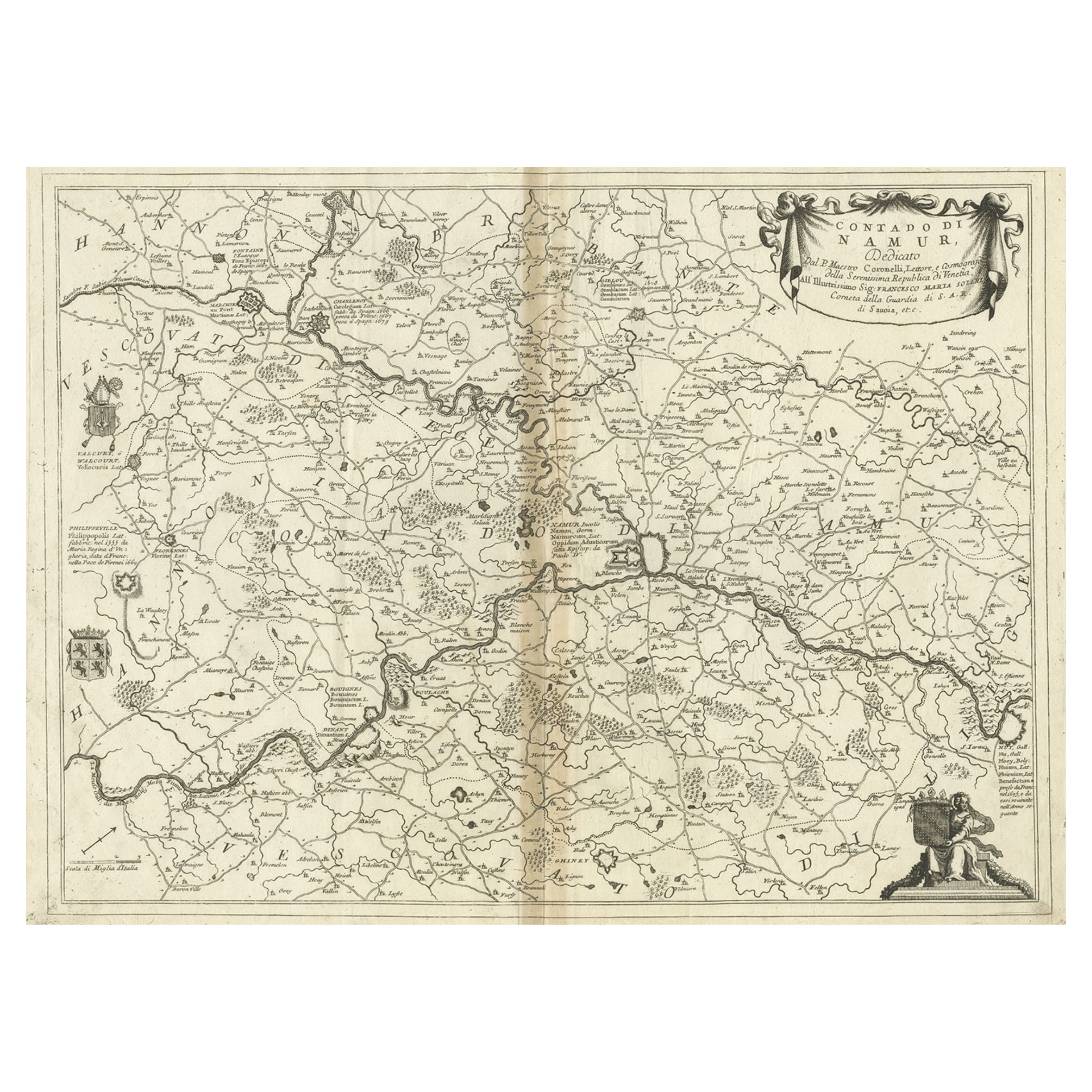 Antique Map of the Namur Region in France by Coronelli, c.1695 For Sale
