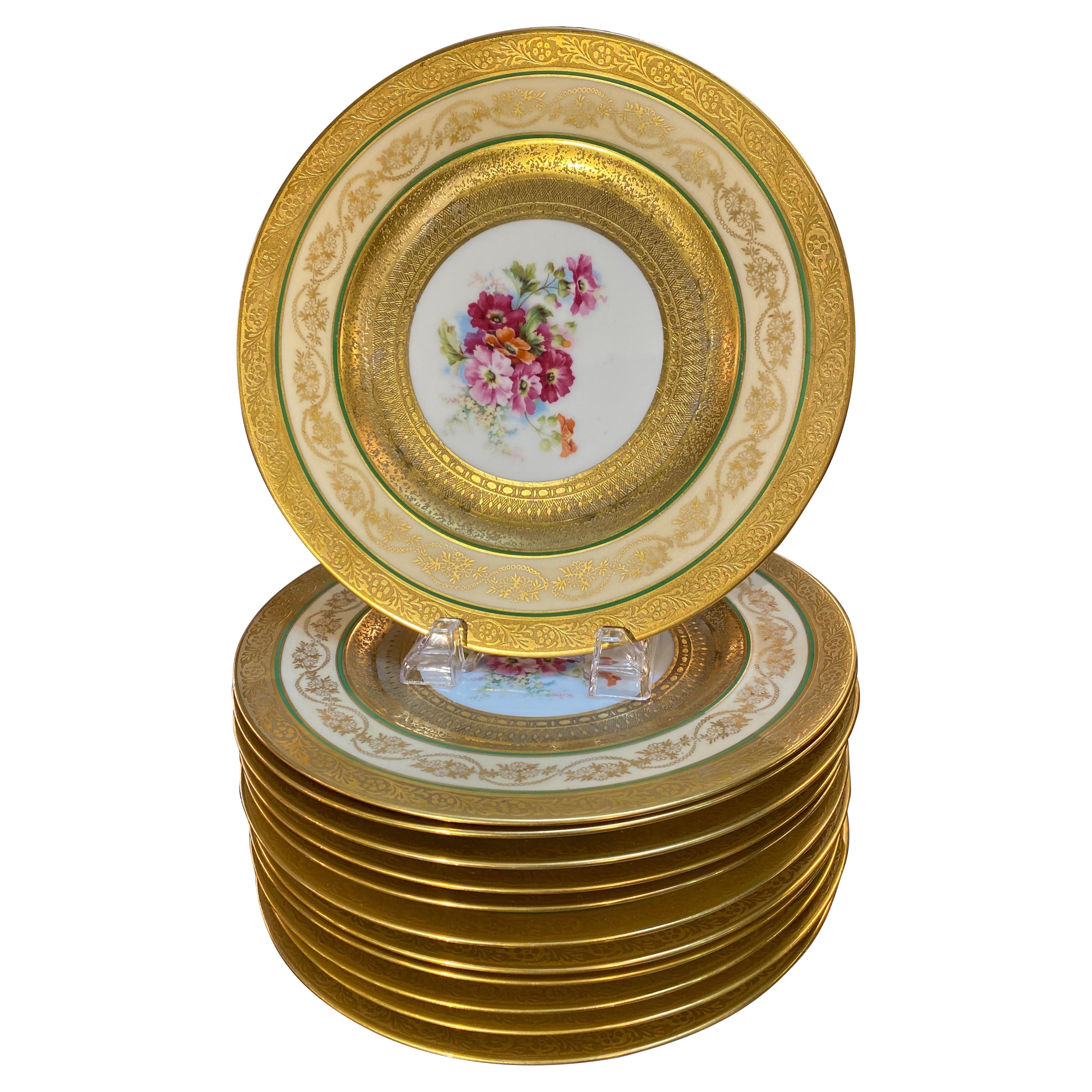 Set of 12 Gold Encrusted Floral Service Dinner Plates, 1920's Germany