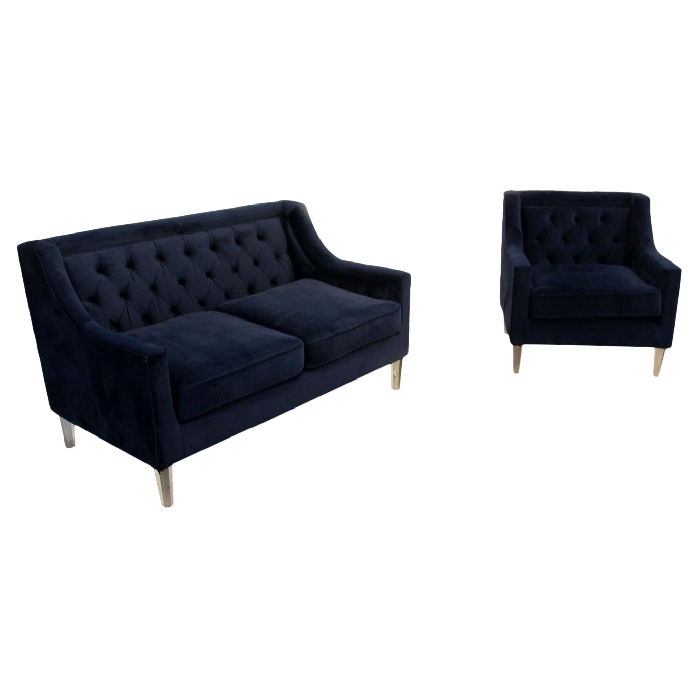Contemporary Tufted Cobalt Blue Velvet Sofa & Lounge Chair W/ Lucite Legs