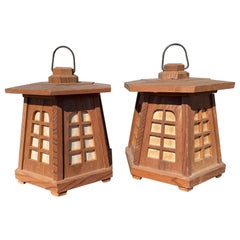 Retro Japanese Old Pair Classic Cedar Wood Panel Lanterns