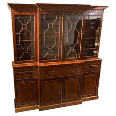Large English Yew Wood Two Part Breakfront China Cabinet, Bookcase or Server