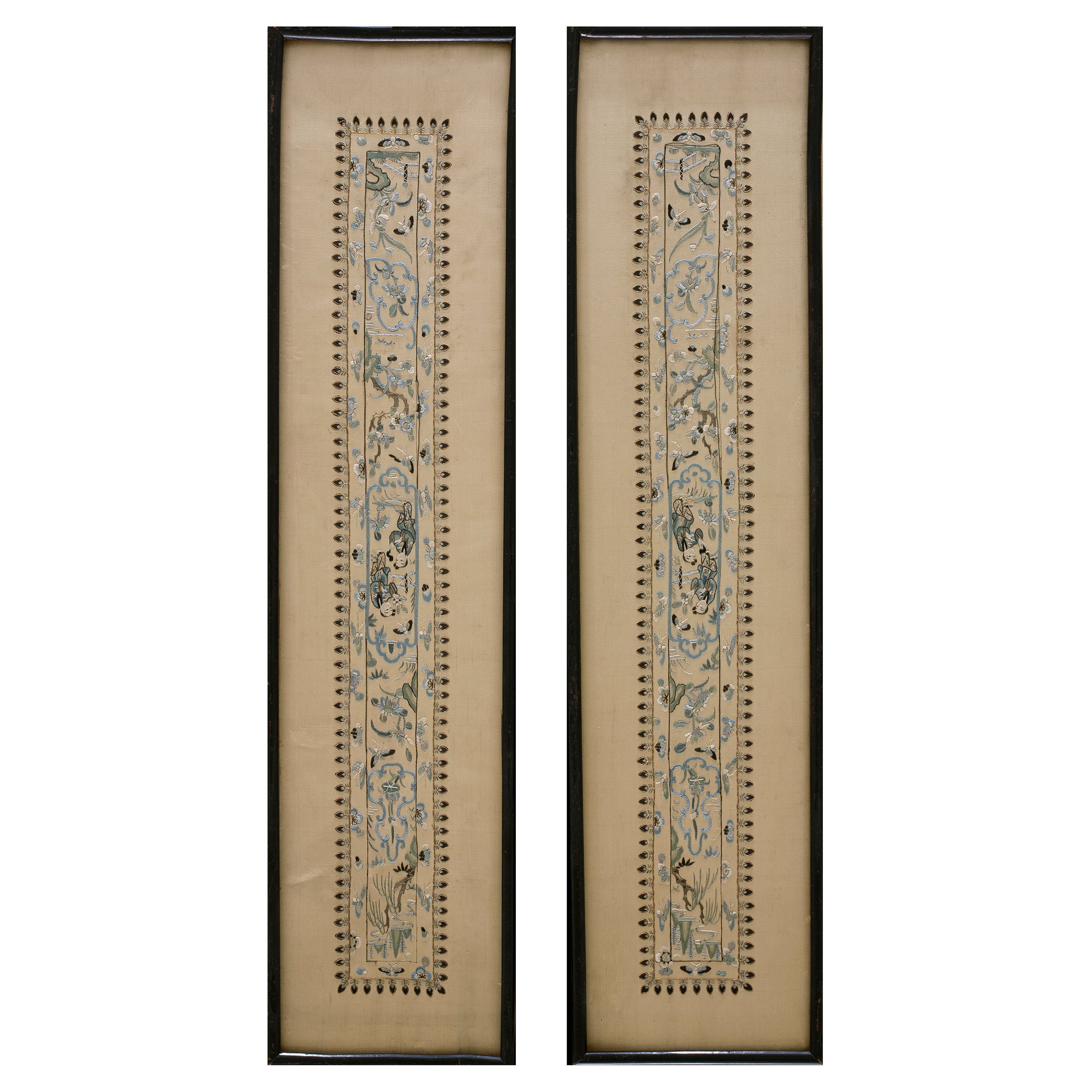 Early 20th Century Pair Chinese Silk Embroideries (  6" x 2'1" - 15' x 65 )  For Sale