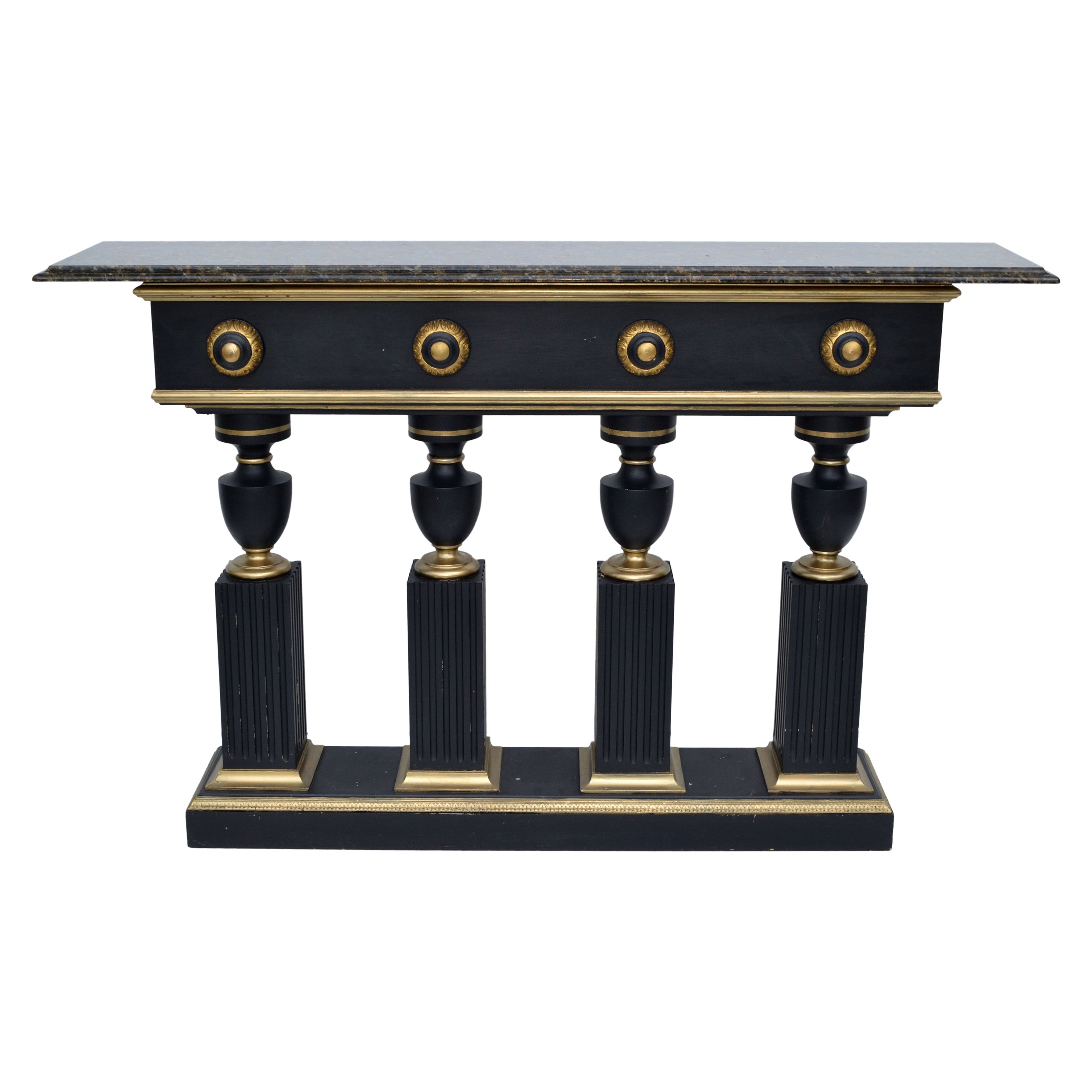 Maison Jansen Style Neoclassical Black & Gold Console Bronze Beveled Marble Top For Sale