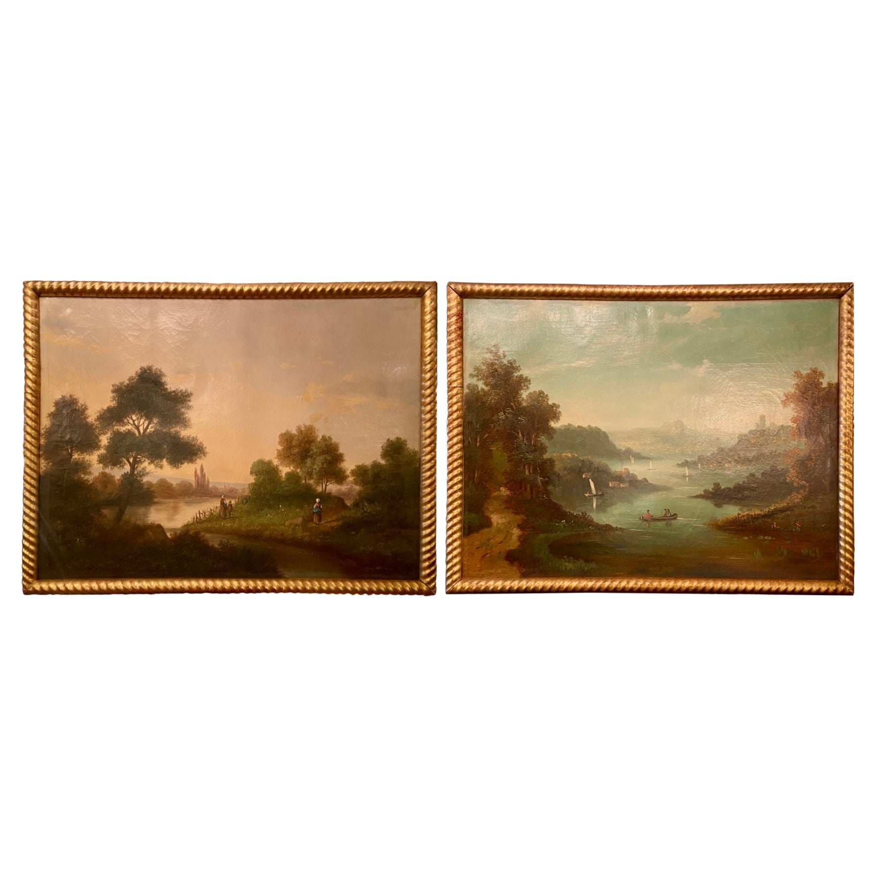 Pair Antique 19th Century French Oil on Canvas Landscape Paintings