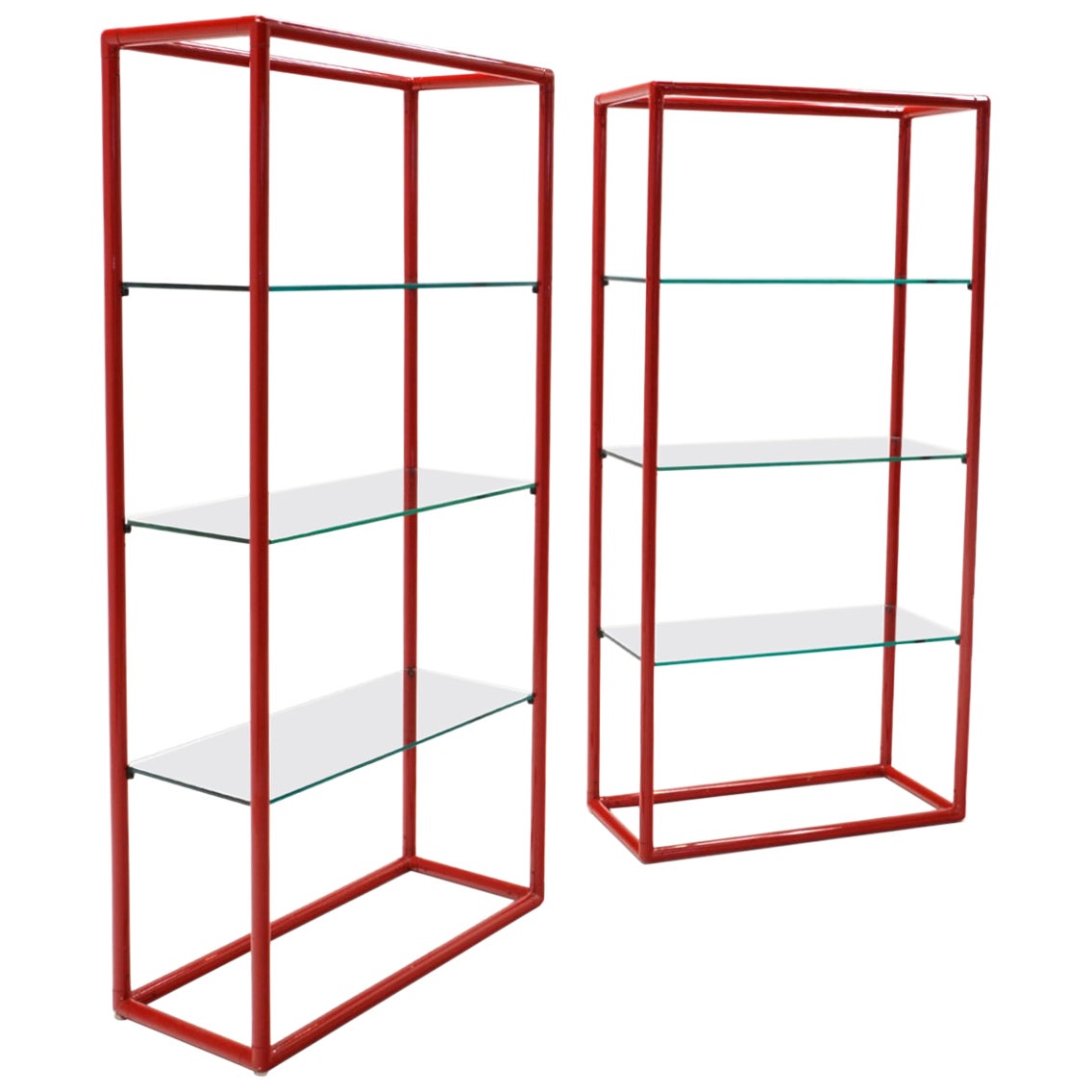 Pair Display Shelves in Red Tubular Enameled Steel Frames with 3/8 Inch Glass For Sale