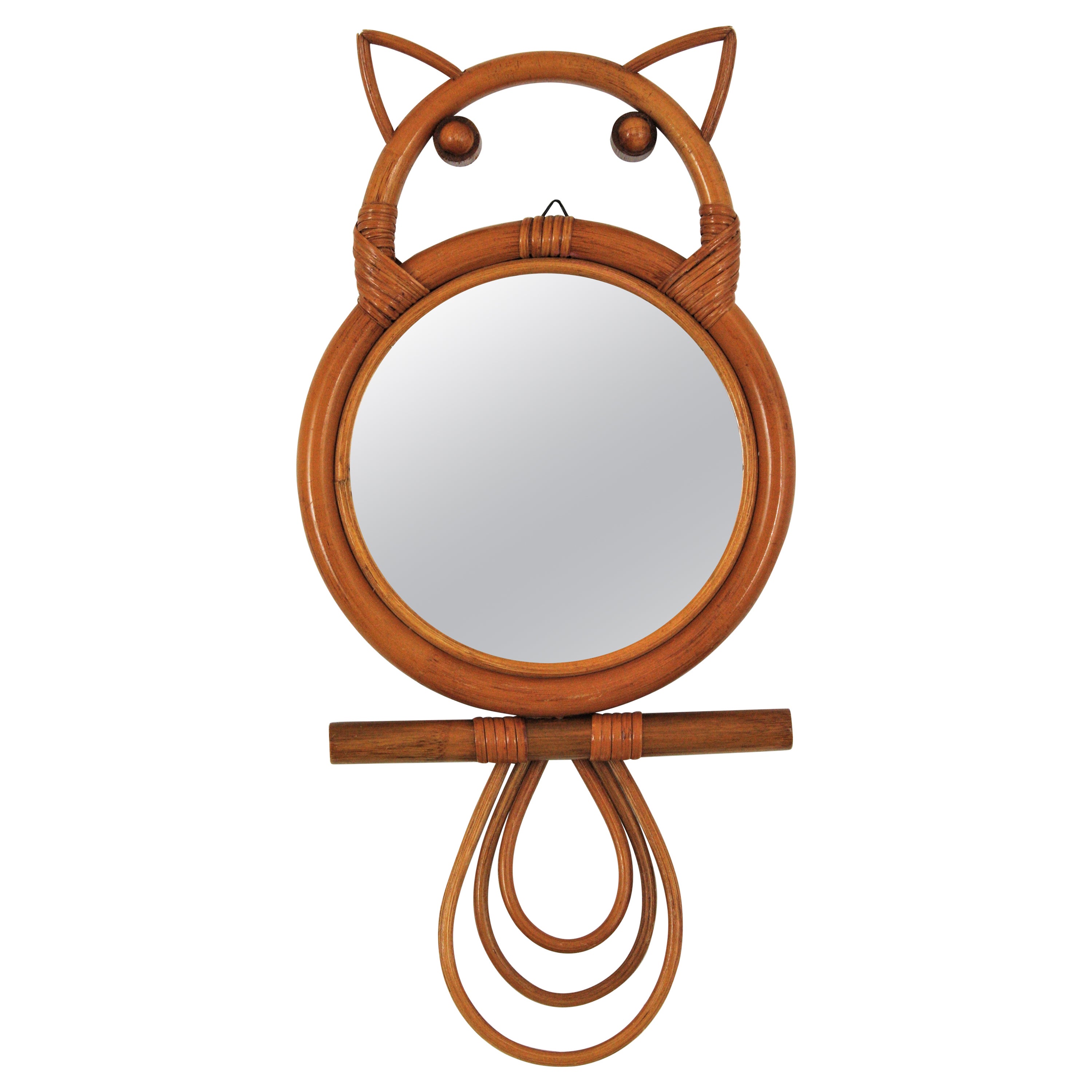 Rattan Bamboo Owl Figure Wall Mirror, France, 1960s For Sale