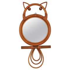 Rattan and Bamboo Owl Figure Wall Mirror, France, 1960s