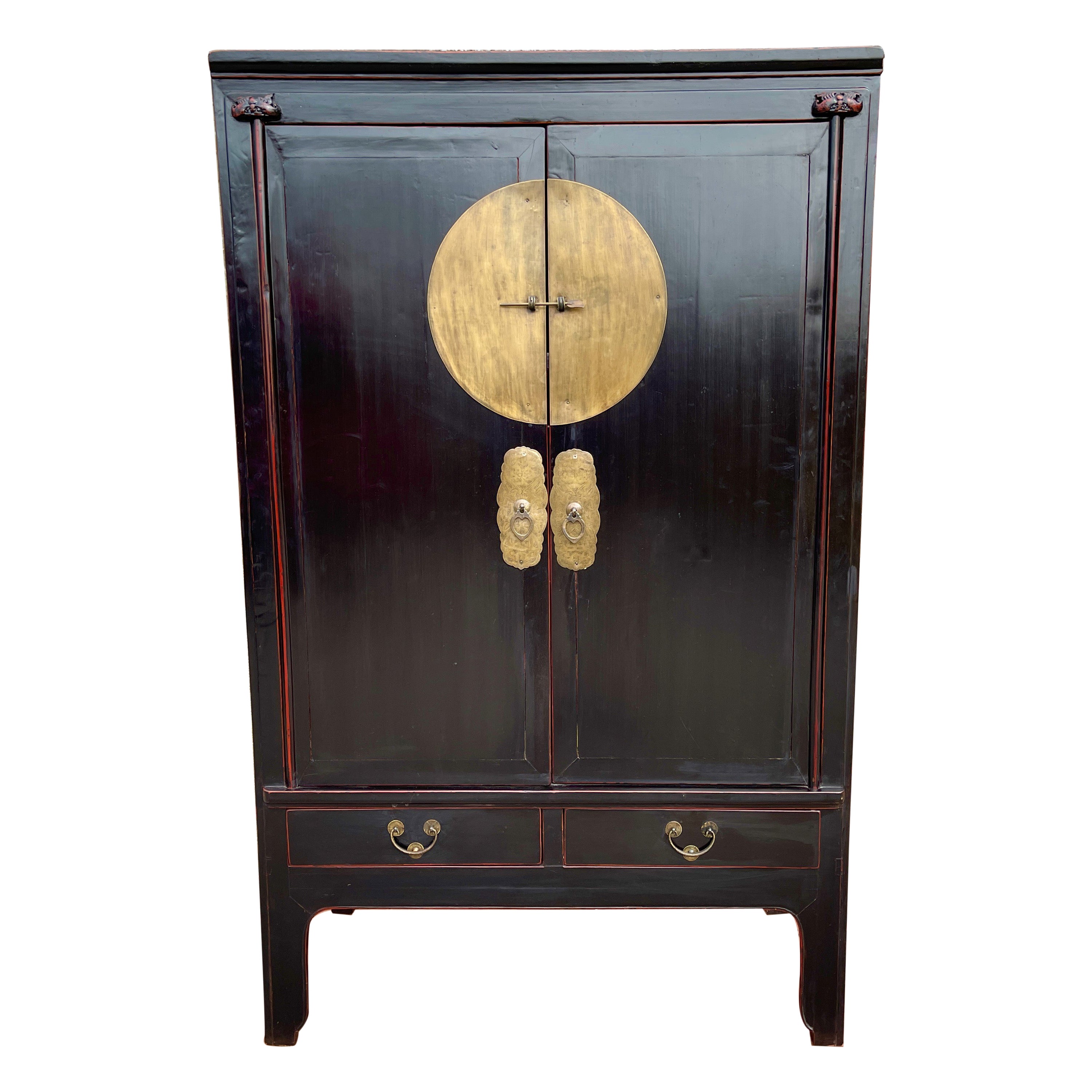 Chinese Wedding Cabinet Black on Red Lacquer with Circular Brass Medallion For Sale