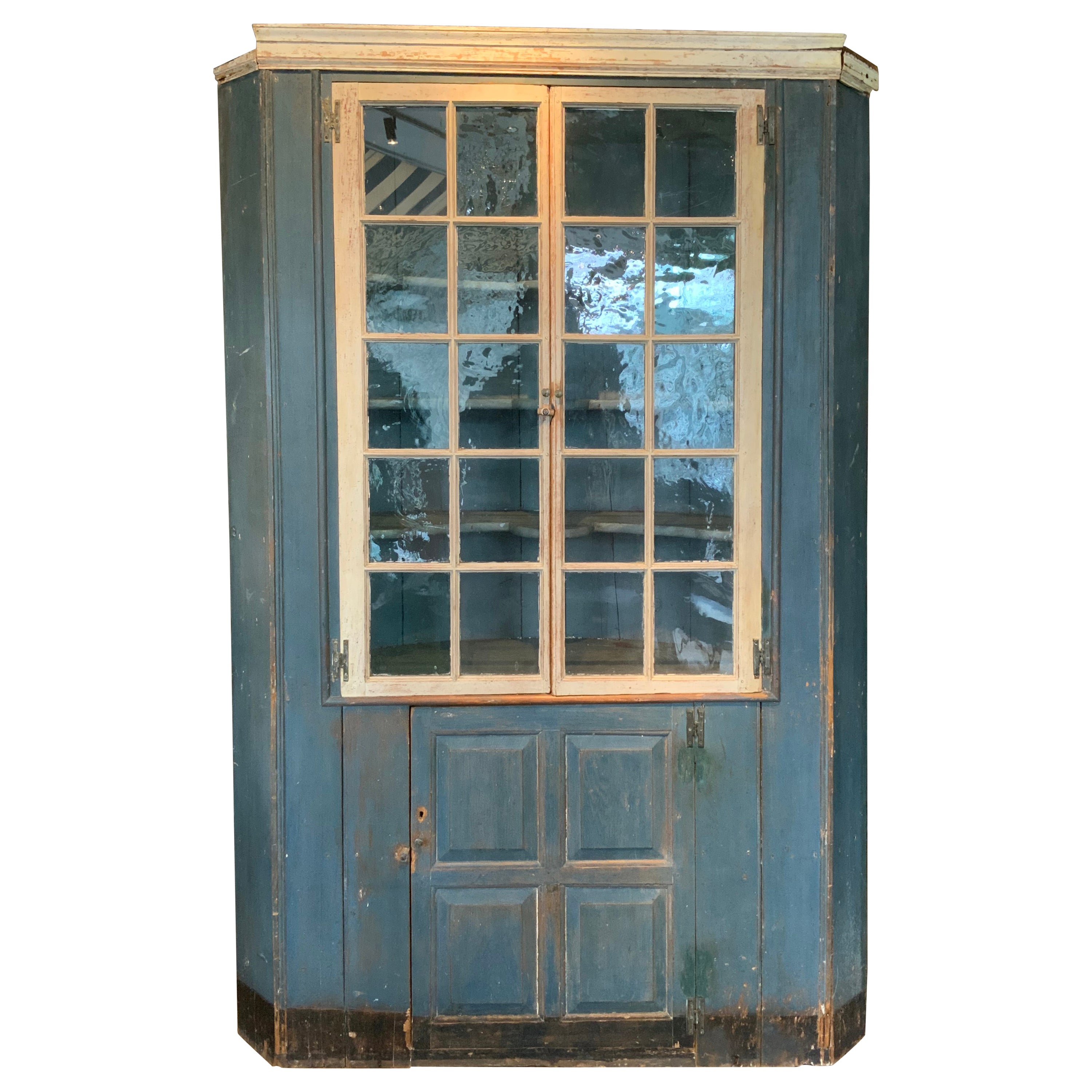 Antique NY State Country Corner Cupboard with Original Glass For Sale