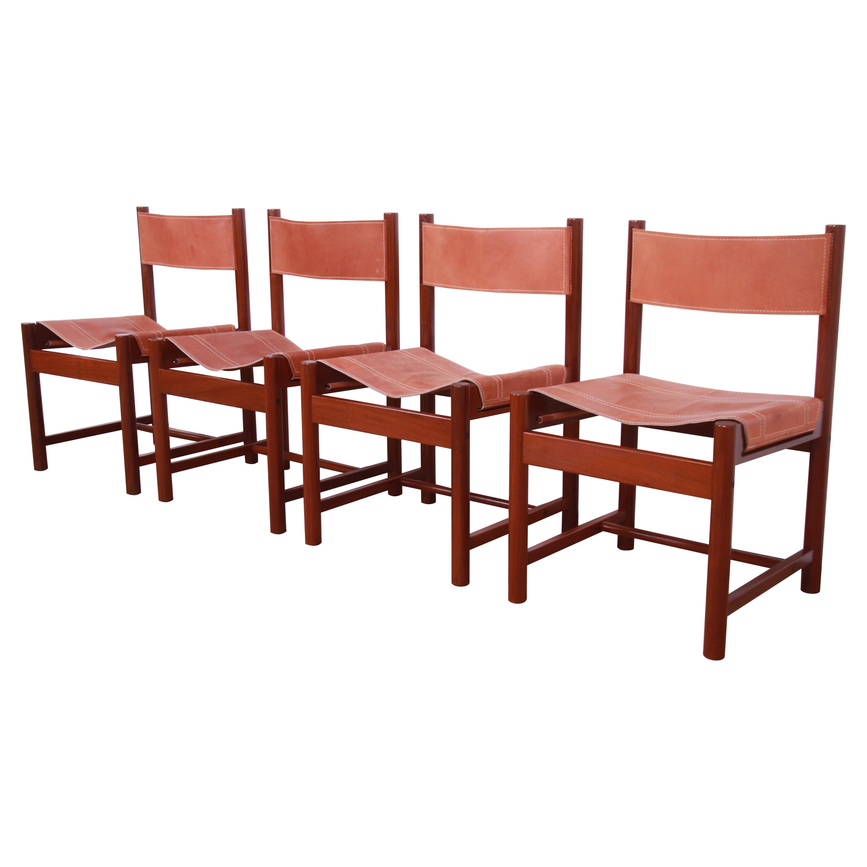Michel Arnoult Brazilian Rosewood and Leather Sling Dining Chairs, Set of Four