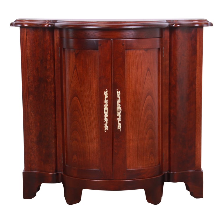 Baker Furniture Regency Cherry Wood Demilune Console or Bar Cabinet, Refinished For Sale