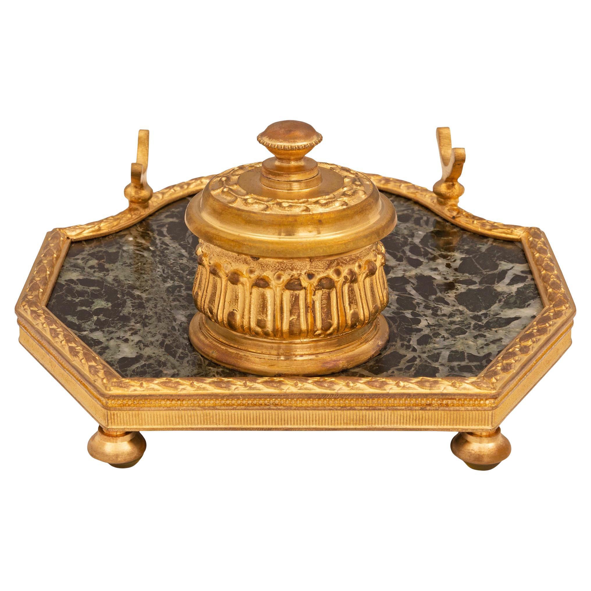 French Mid-19th Century Louis XVI Style Green Marble and Ormolu Mounted Inkwell For Sale