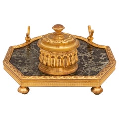 French Mid-19th Century Louis XVI Style Green Marble and Ormolu Mounted Inkwell