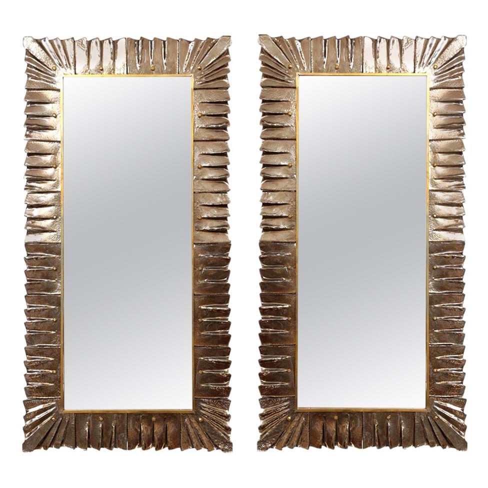 Pair of Rectangular Murano Bronze Glass Framed Mirror, in Stock