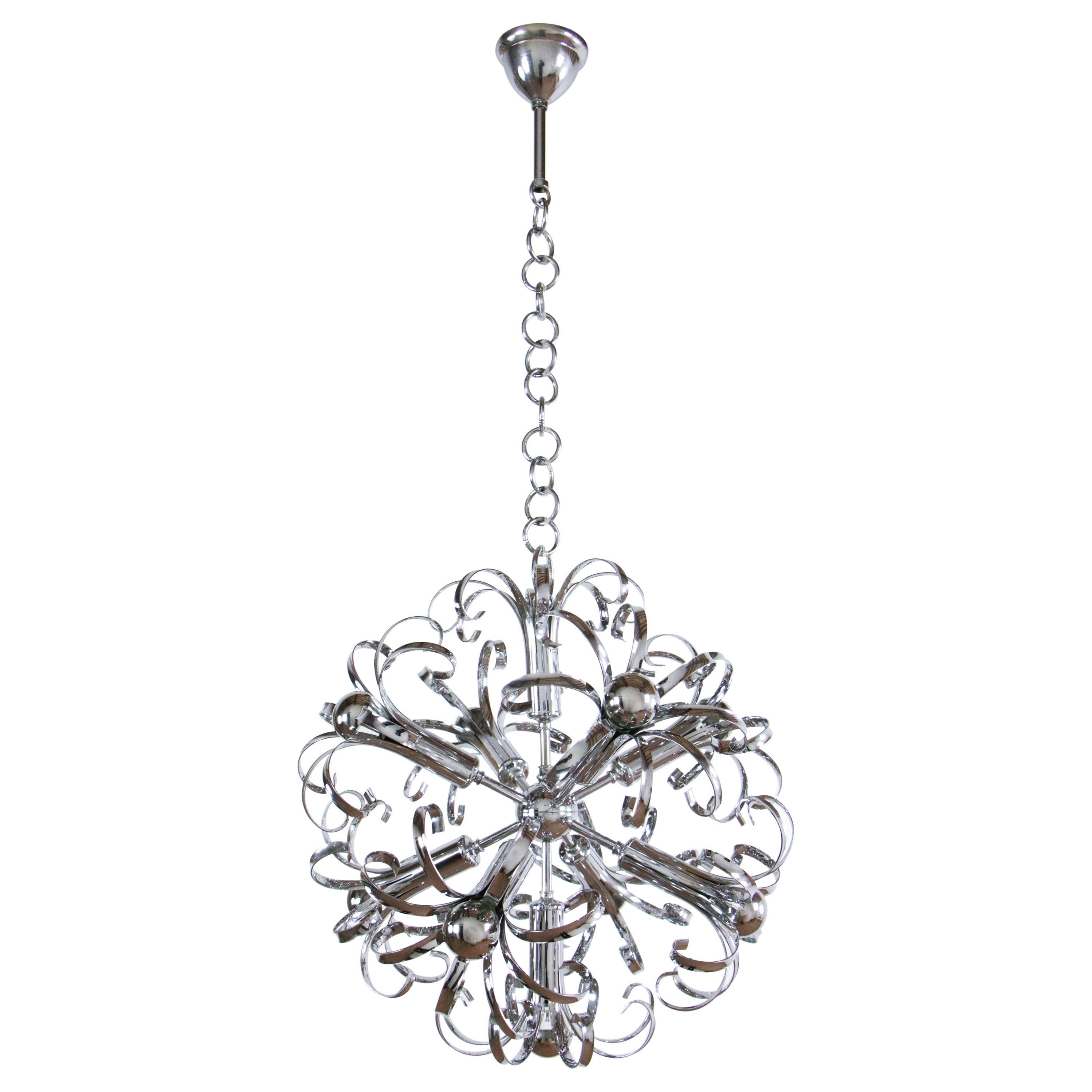 Beautiful Italian chrome Sputnik chandelier with chromed brass, 9 lights E14 format. It has a very refined design of great decorative impact reminiscent of the Space Age. The piece has been subjected to a careful restoration that has brought it back