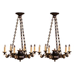 Pair of 19th Century French Empire Two-Tone Bronze Dore Six-Light Chandeliers