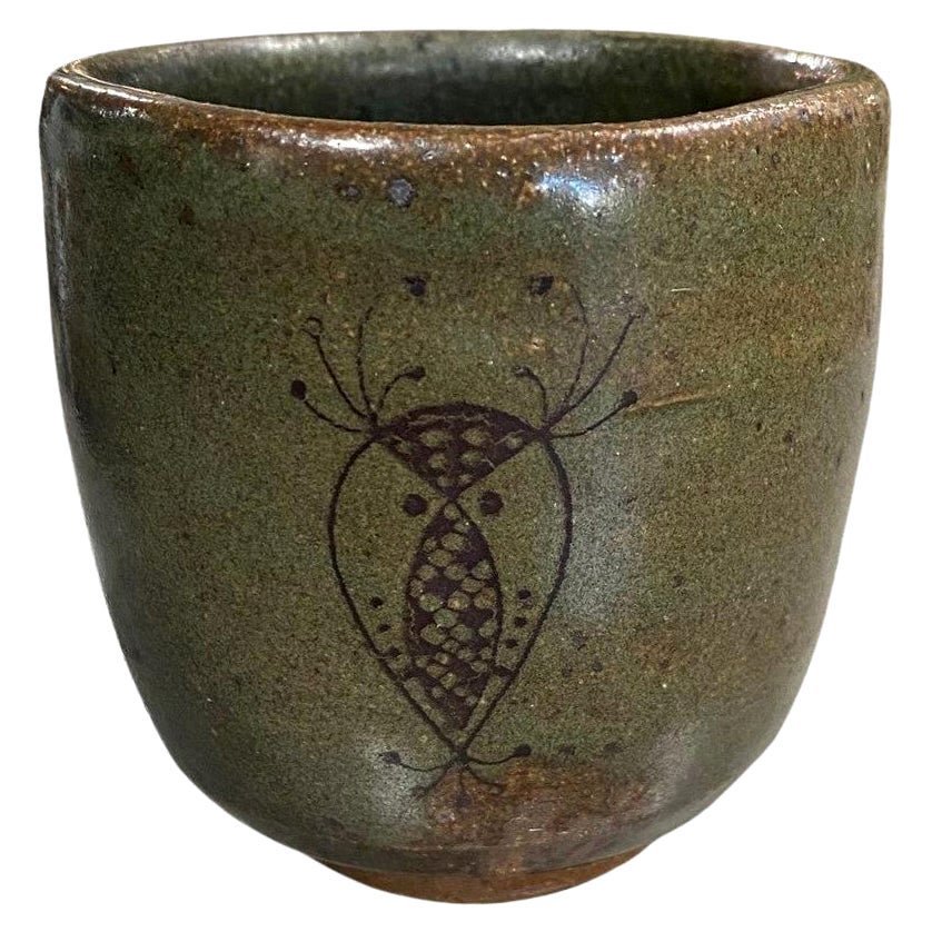 Japanese Asian Artisan Glazed Pottery Mingei Folk Art Wabi-Sabi Yunomi Teacup For Sale