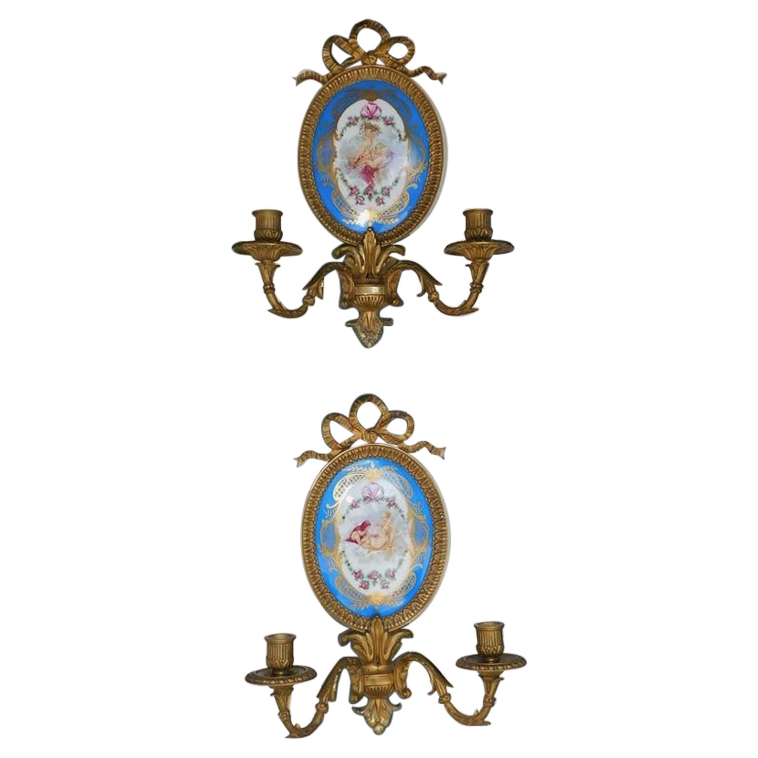 Pair of French Bronze and Porcelain Sevres Foliage Ribbon Wall Sconces, C. 1820 For Sale