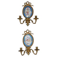 Pair of French Bronze and Porcelain Sevres Foliage Ribbon Wall Sconces, C. 1820