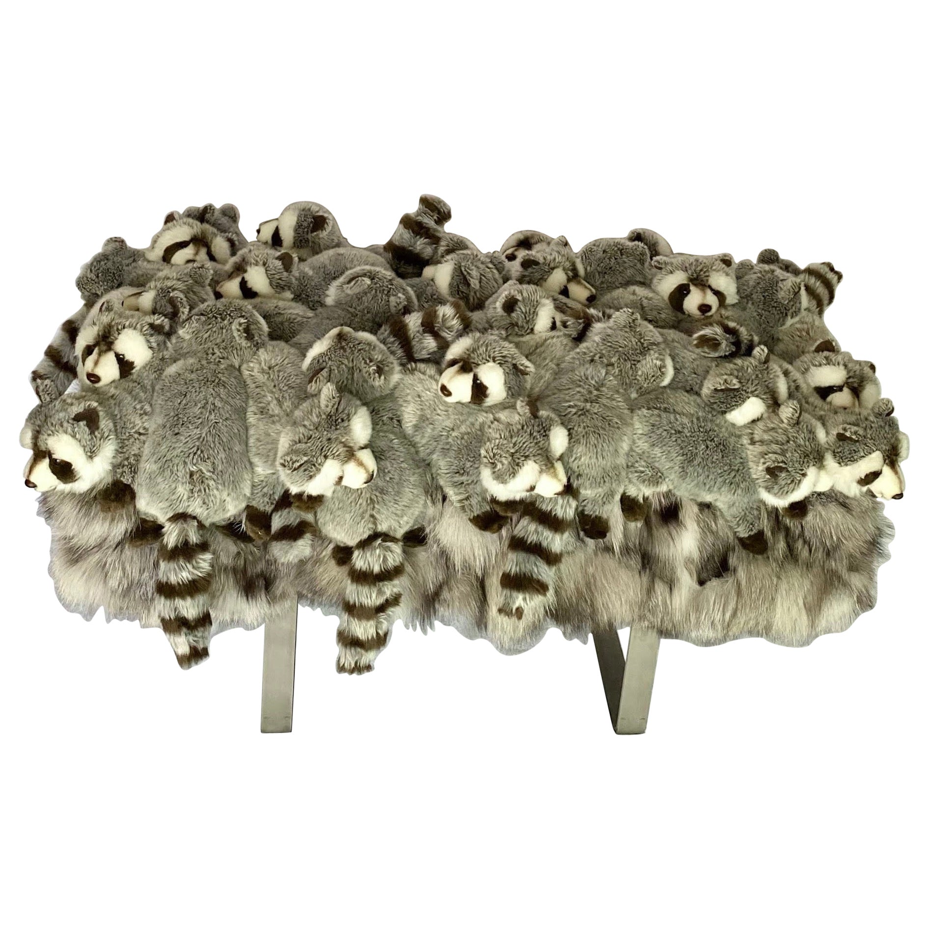 Contemporary French Raccoon Plush Bench with Metal Legs