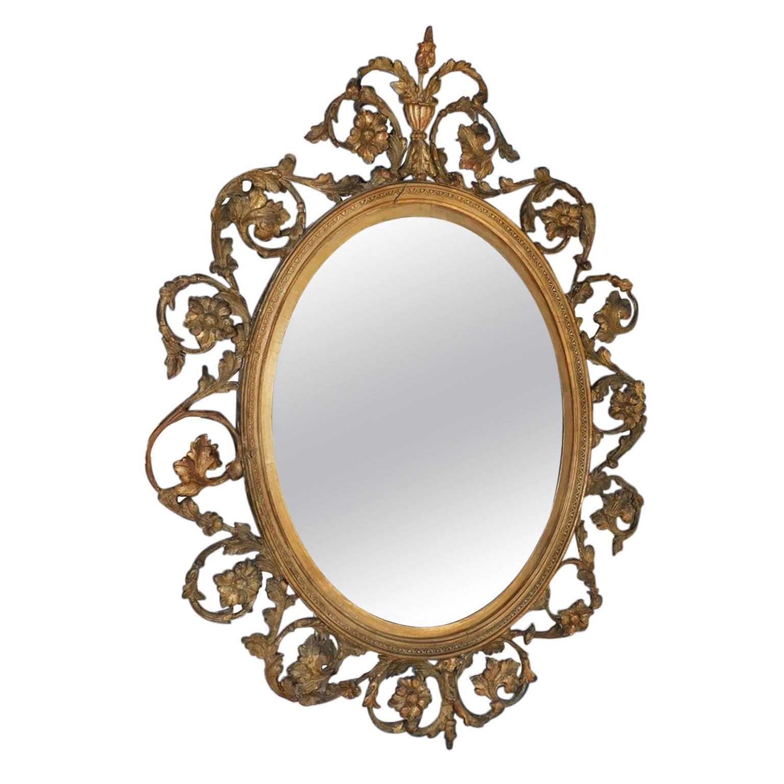 English Oval Gilt Carved Wood and Gesso Scrolled Foliage Wall Mirror, C. 1800 For Sale