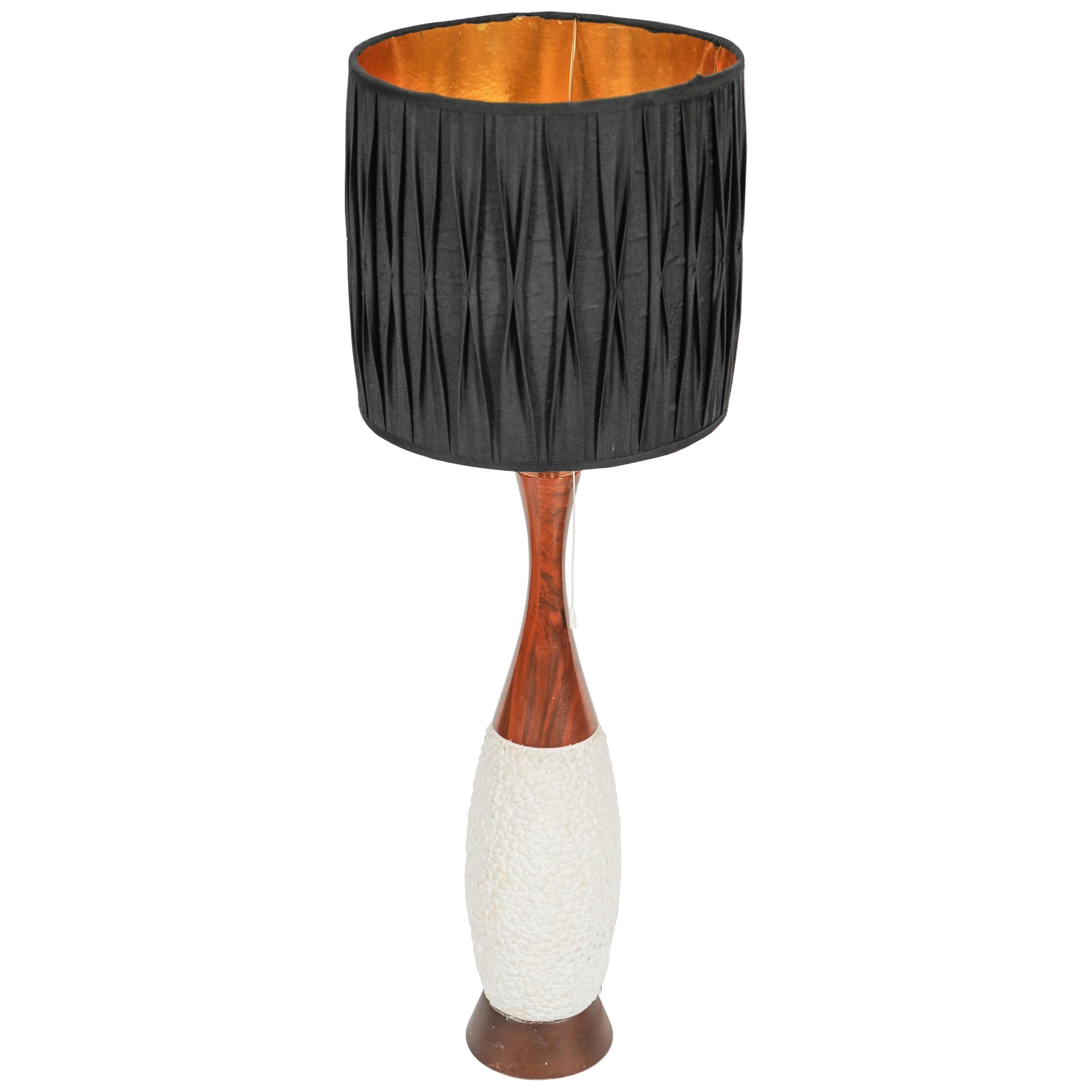 Copper Based Floor/Table Lamp with Ceramic Body Cherrywood Top Golden Lampshade