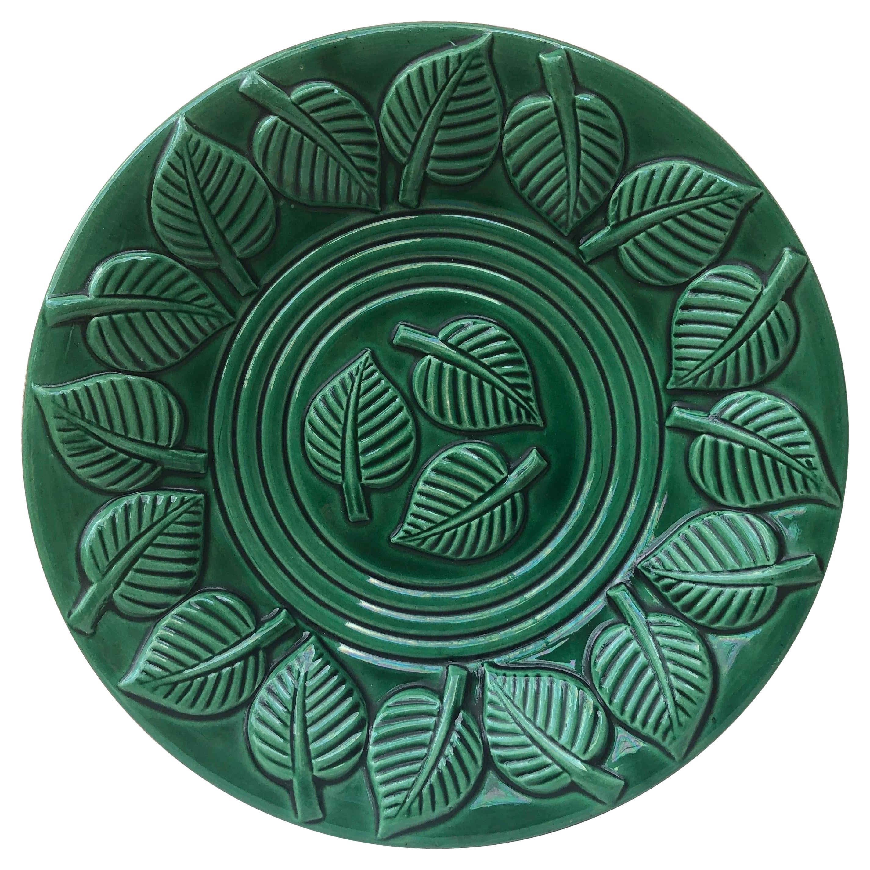 Large Green Majolica Platter with Leaves Saint Clement, Circa 1950 For Sale