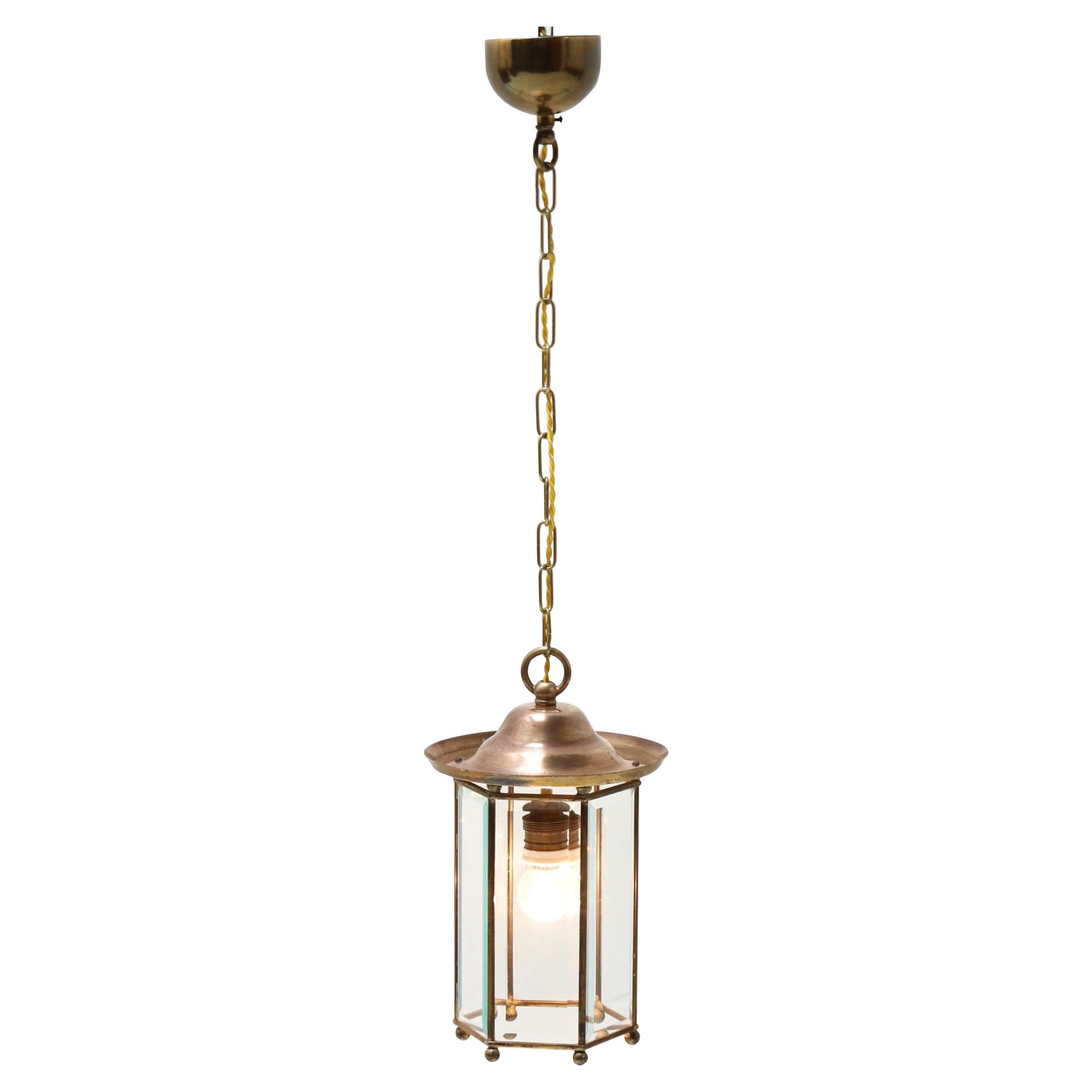 Brass Art Nouveau Lantern with Glass, 1900s For Sale