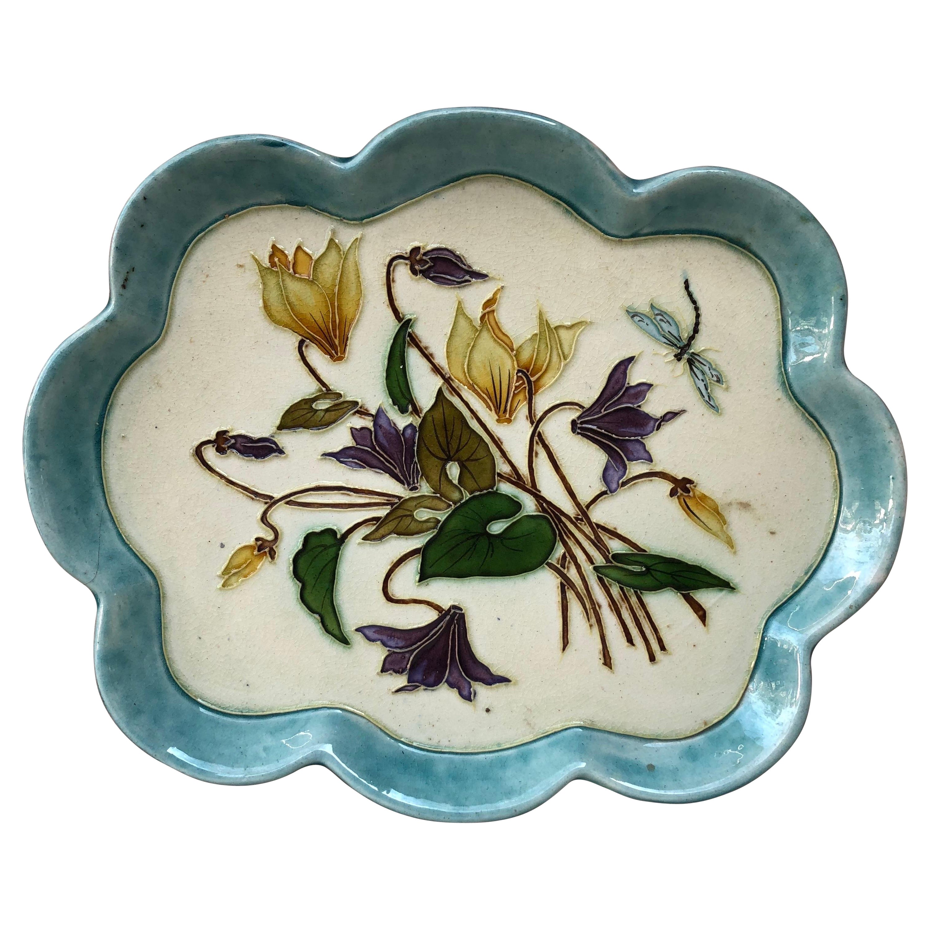 19th Century French Majolica Cyclamens & Dragonfly Platter