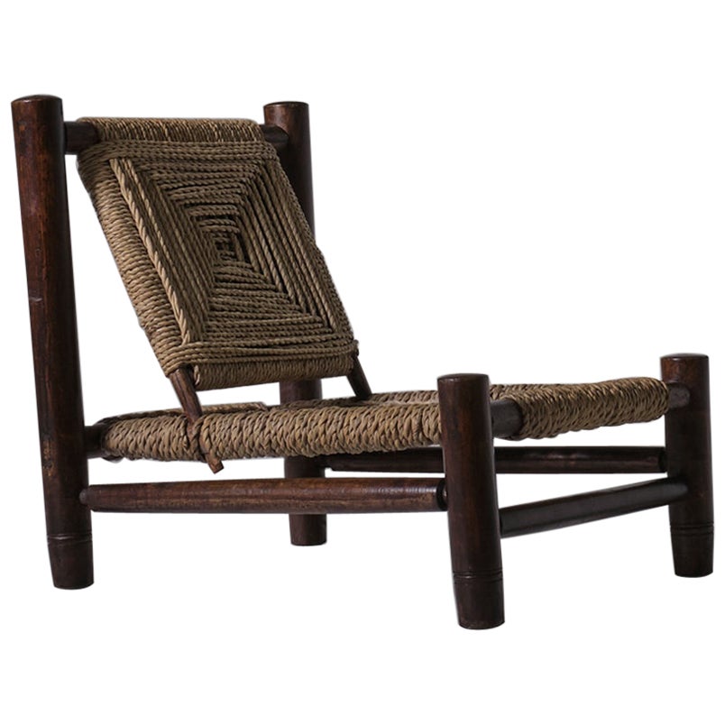 Low Wood and Square Rope Pattern Lounge Chair, France 1960s