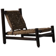Low Wood and Block Pattern Rope Lounge Chair, France 1960s