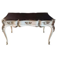 20th Century antique Louis XV Style Bureau Plat Writing Table Piano White 