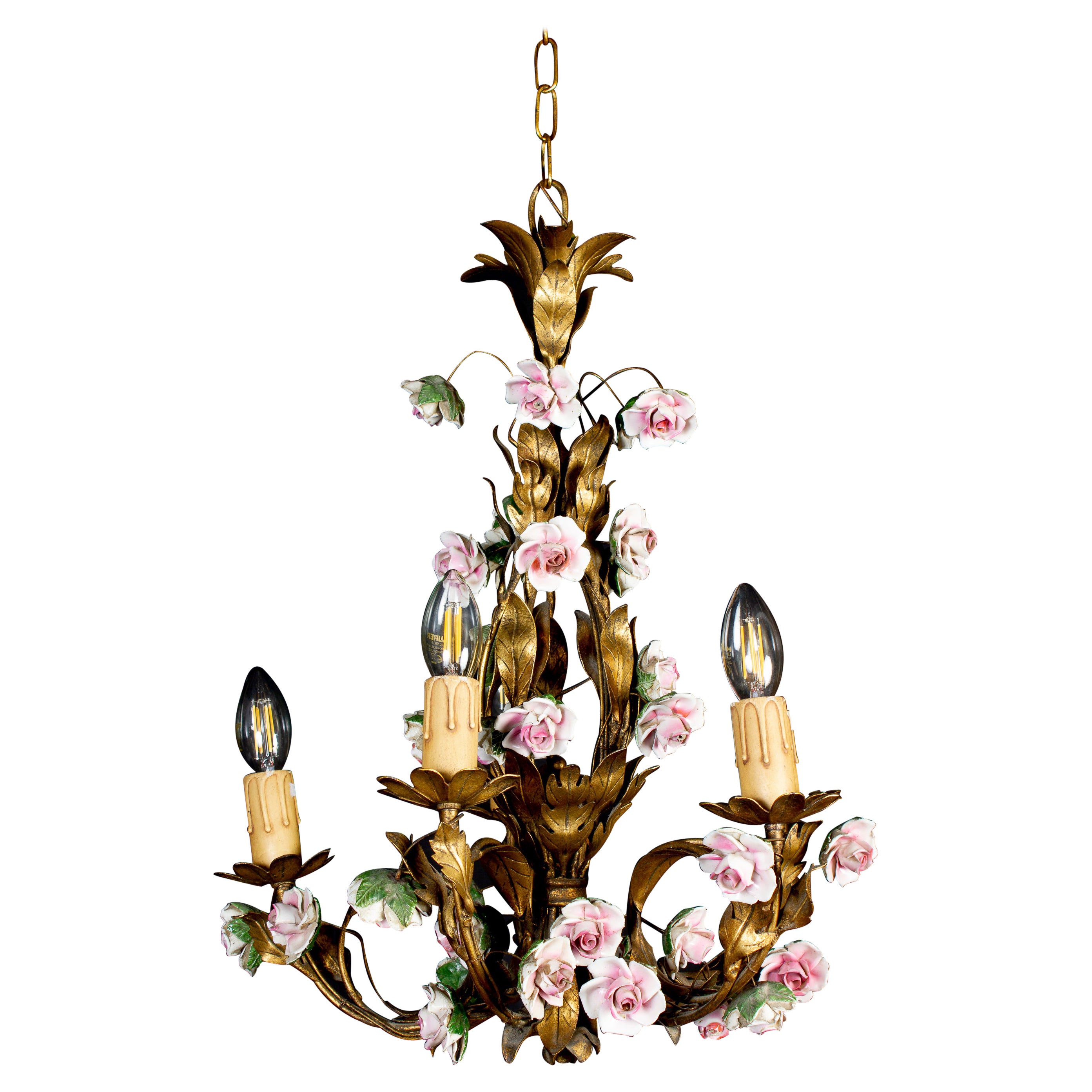 Lustre délicat du 19ème siècle avec des fleurs colorées en porcelaine