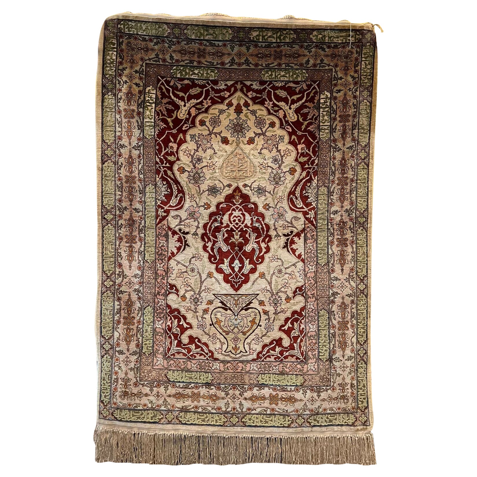 Hereke Silk Rug with Fringes For Sale