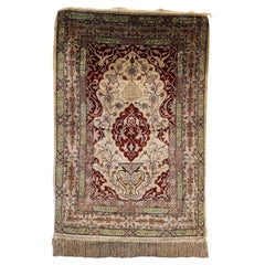 Vintage Hereke Silk Rug with Fringes