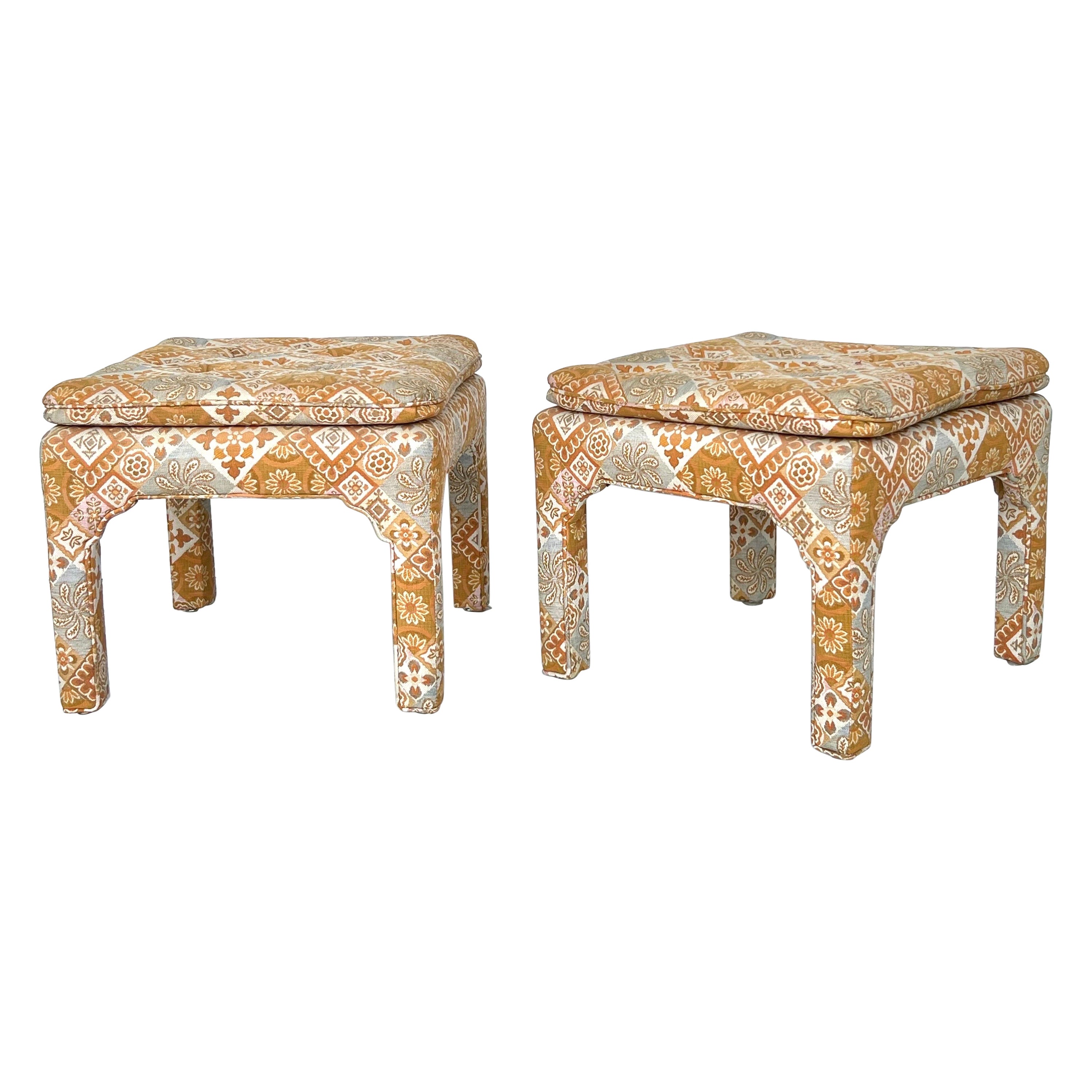Pair of Upholstered Ming Stools or Ottomans, 1970s