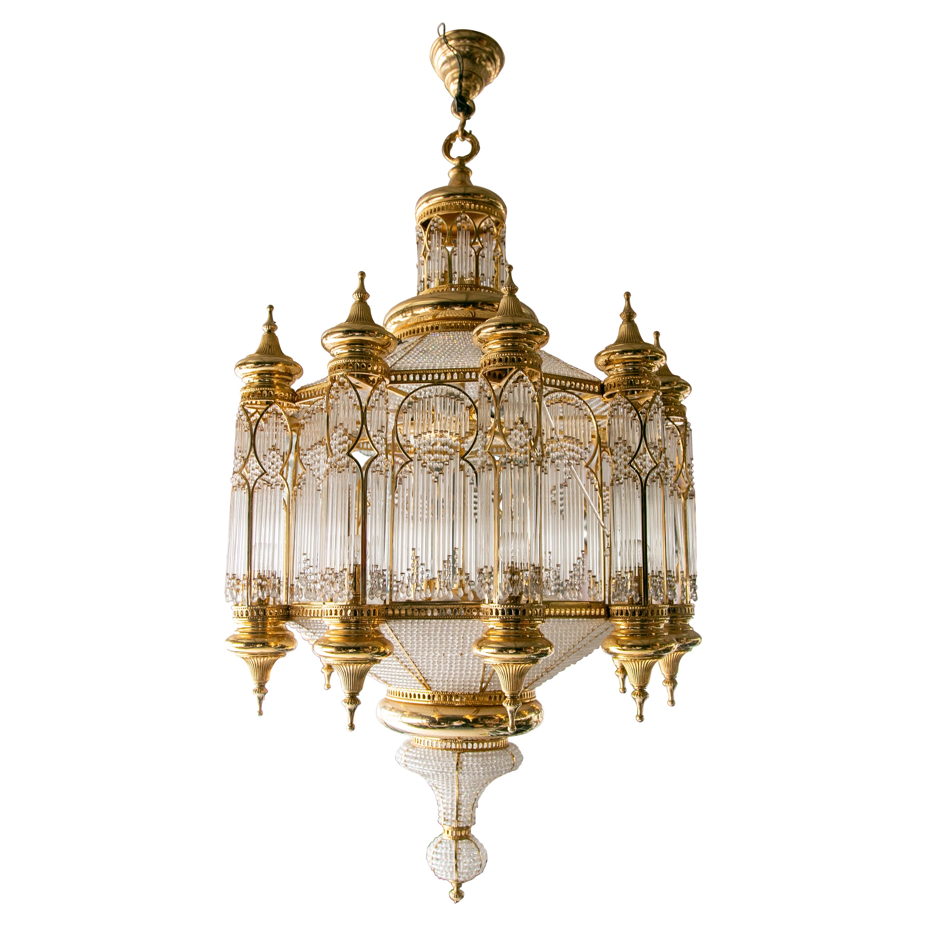 1970s Orientalist Style Ceiling Lamp in Gilded Brass and Crystal